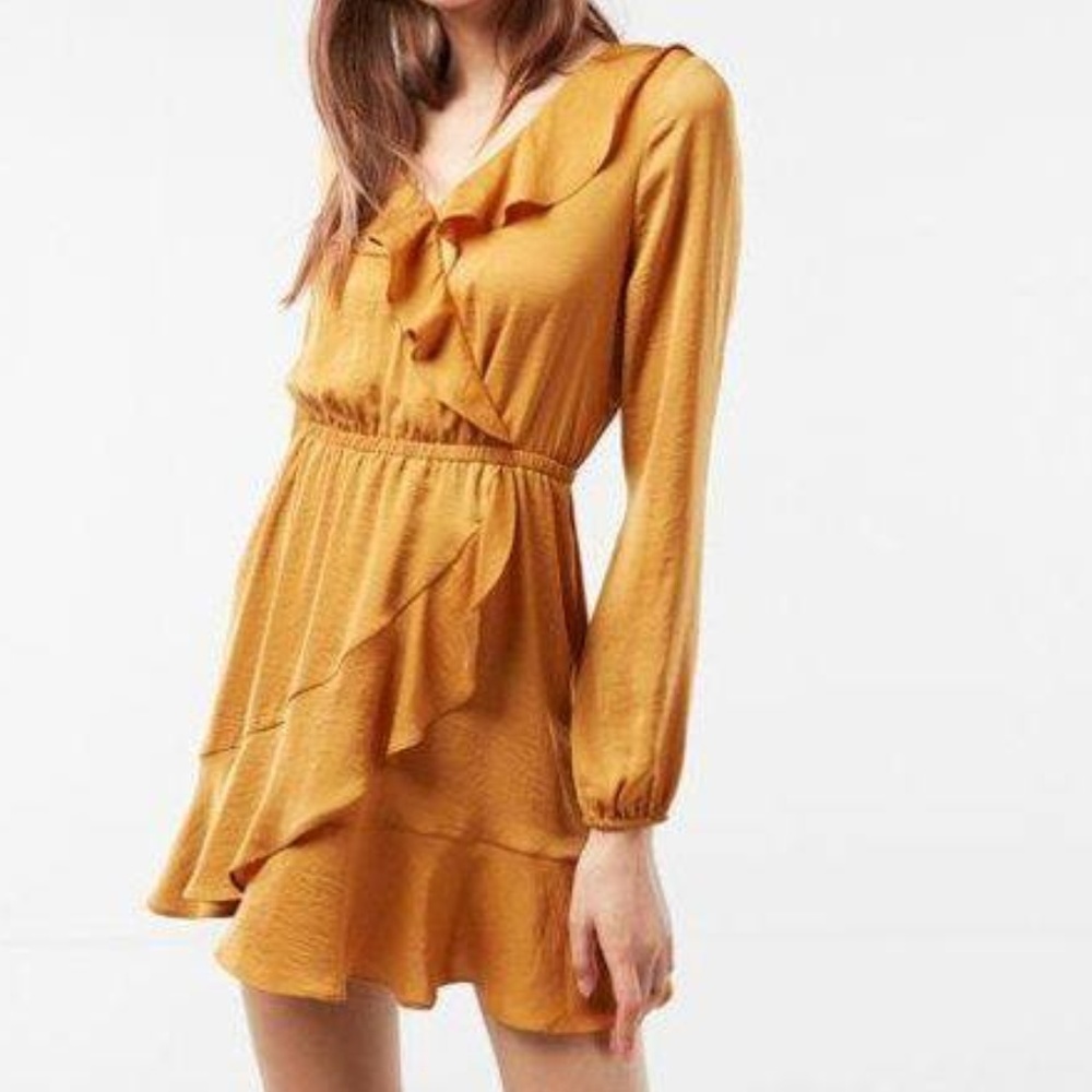EXPRESS Ruffle Fit and Flare Dress - Mustard